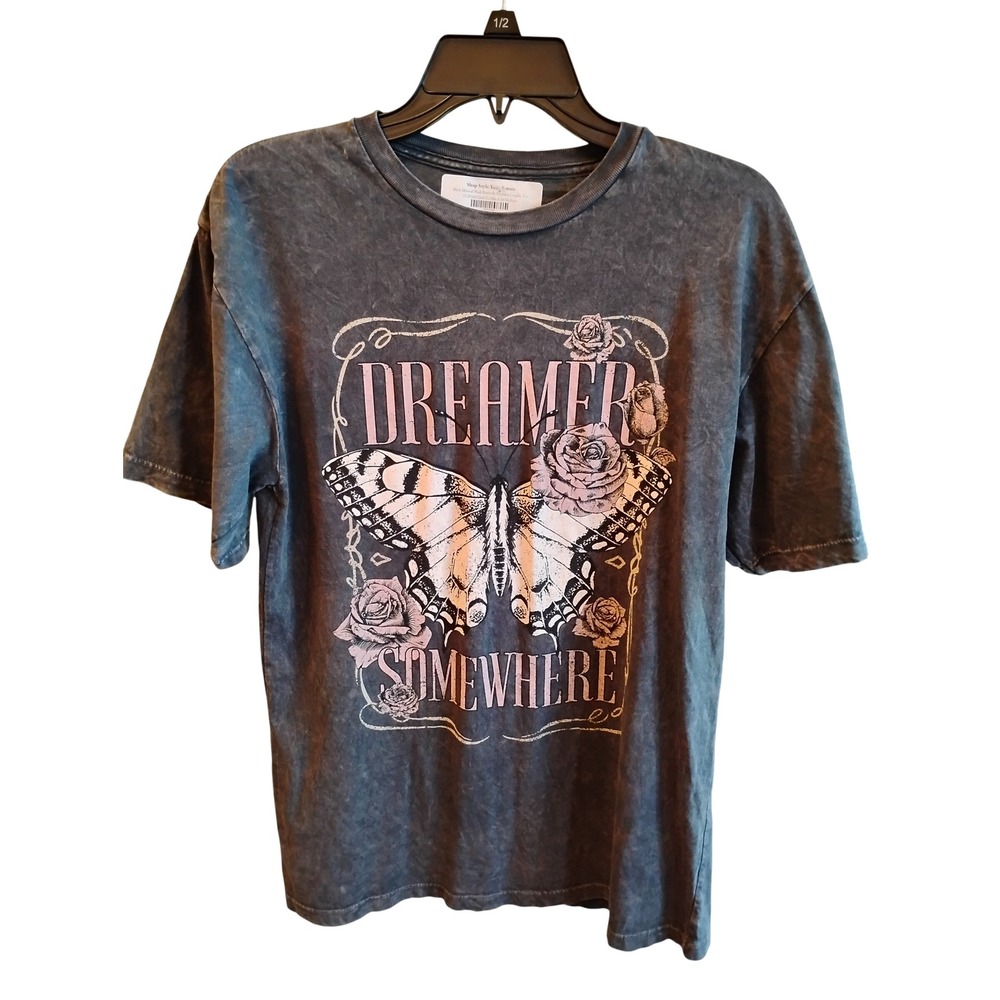 Lotus Fashion Los Angeles Black Mineral Wash Butterfly Dreamer Graphic Tee M